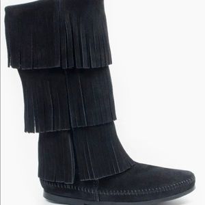 Minnetonka Suede Moccasin Fringe Calf High Boots